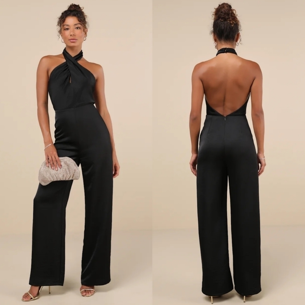Lulus Beyond Classy Black Satin Halter Wide-Leg Jumpsuit M Wedding Party Prom